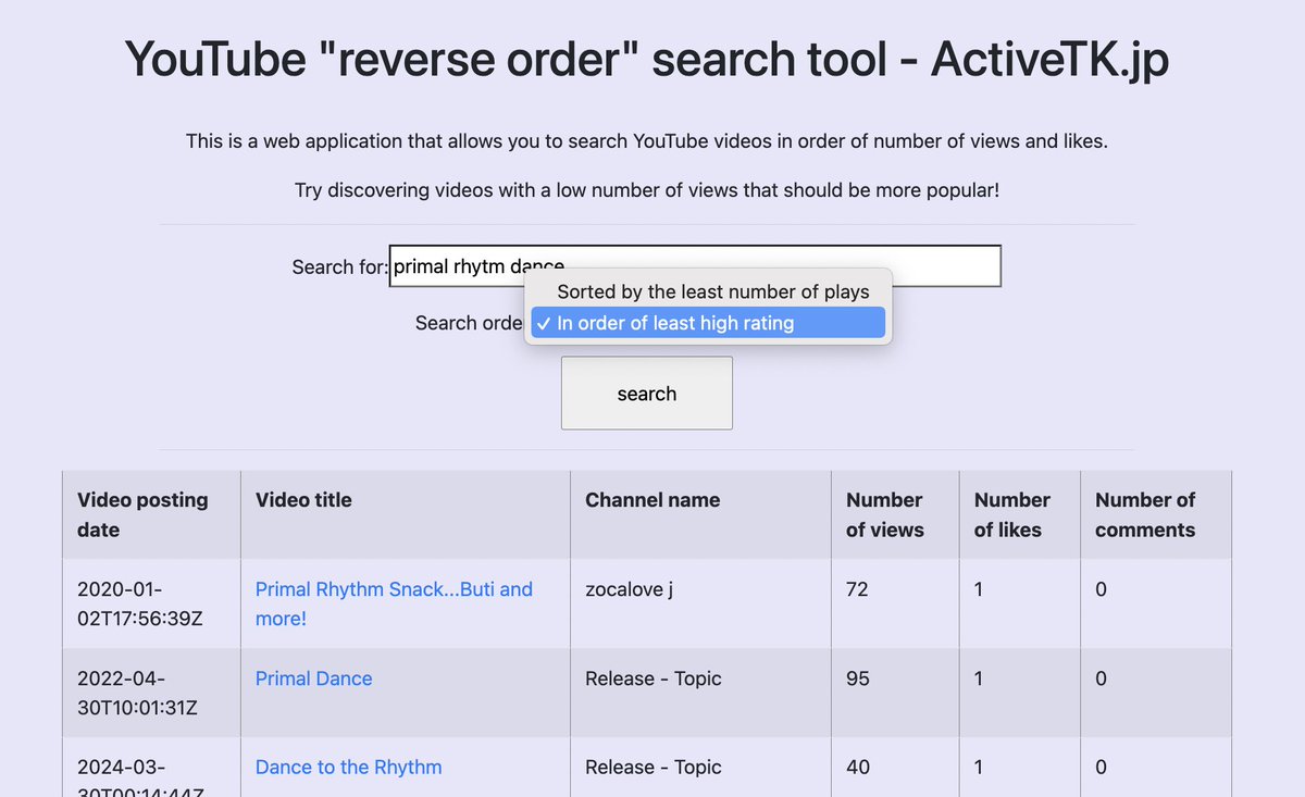 YouTube Reverse Order Search Tool Often the best content on the internet can have little more than zero views and likes. This tool allows to sort YouTube search results in reverse order by number of views or likes (NEW). activetk.jp/tools/yt-not-w… Creator @ActiveTK5929 (#FF)