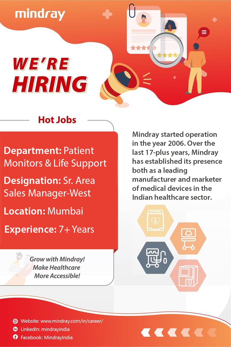 Are you a vibrant sales skilled in medical devices? We are looking for a driven & experienced Sr. Sales Manager to join our growing team! #JoinUs in creating a real difference in the lives of patients & building a healthier Bharat.

Click here to apply: mindray.com/in/career/