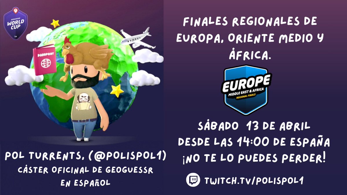 Hoy sábado @polispol sigue con el casteo de la Copa Europa. Horarios: España: 14:00 Países Latam. Guatemala, México y El Salvador: 06:00 AM. Ecuador, Perú y Colombia: 07:00 AM. Chile, Puerto Rico, Venezuela, Bolivia y Paraguay: 08:00 AM Argentina y Uruguay: 09:00 AM @geoguessr