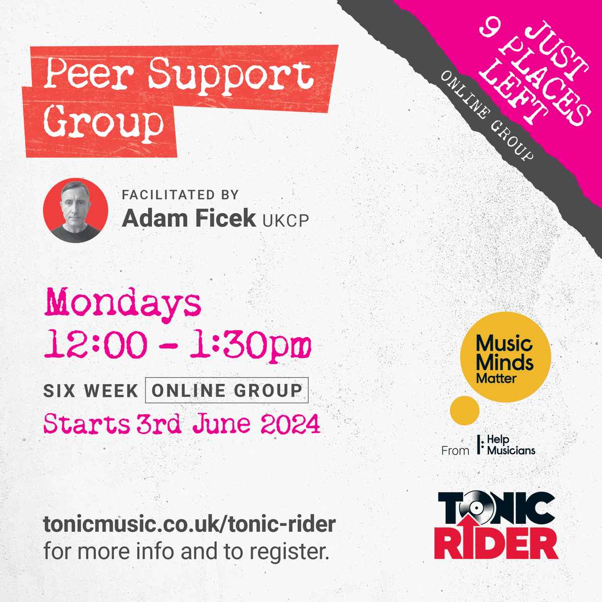 Join us in June! Open to ALL artists, crew & industry professionals! FREE online Peer Support Group - with @helpmusicians (facilitated by @adamficek) To register > tonicmusic.co.uk/tonic-rider #TonicRider #MusicMindsMatter #MentalHealth #Wellbeing #Music