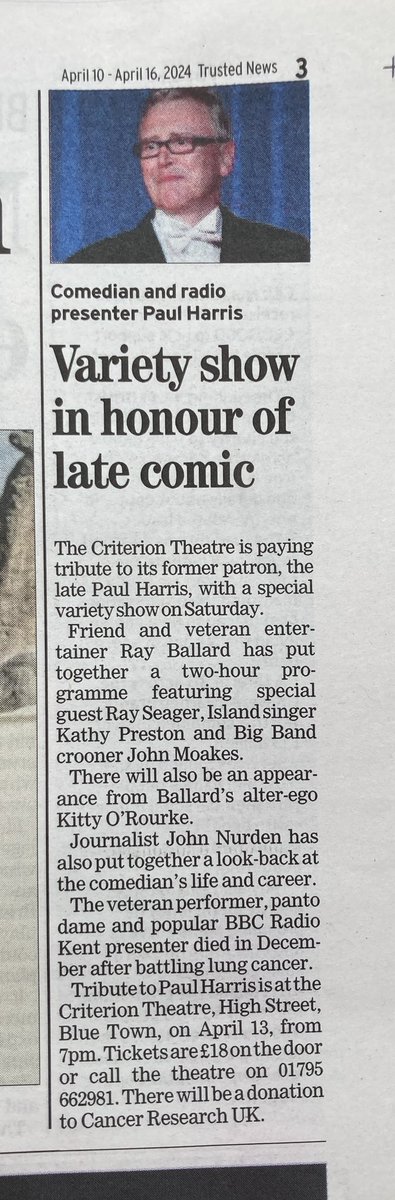 Thank you @TimesGuardian for mentioning tonight’s musical tribute to the late Kent comic and panto dame Paul Harris at The Criterion Theatre in Blue Town on the sun-kissed Isle of Sheppey where he was patron for many years. Curtain up at 7pm.