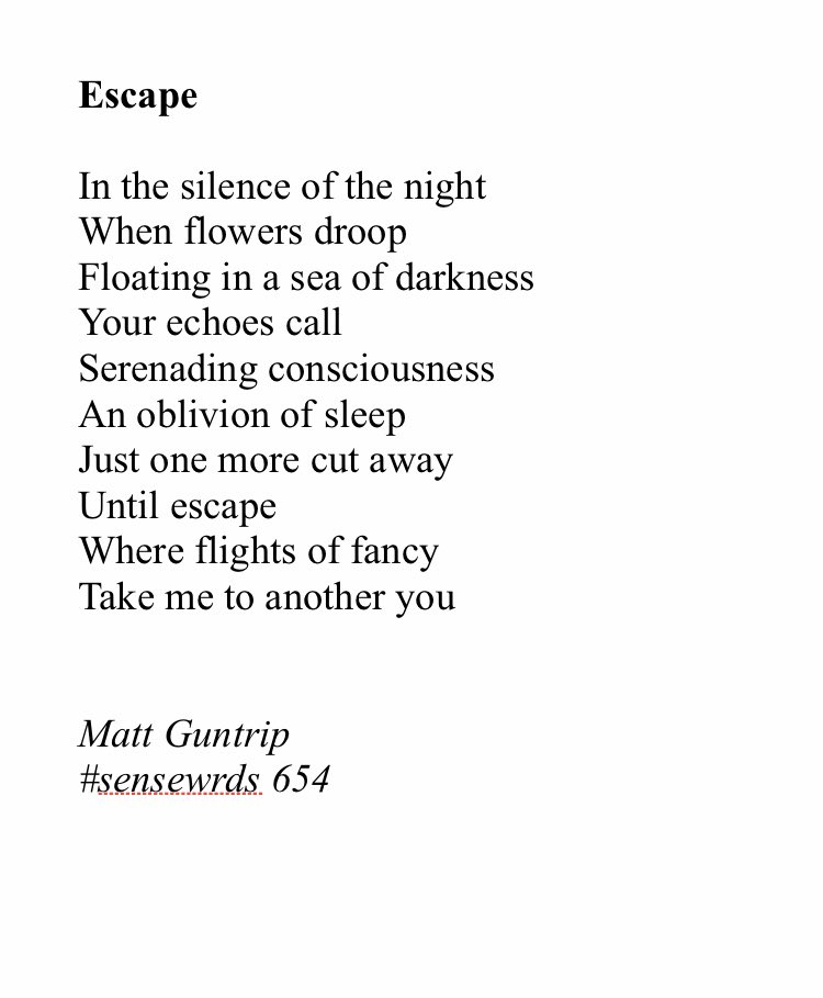 Escape

In the silence of the night
When flowers droop
Floating in a sea of darkness
Your echoes call
Serenading consciousness 
An oblivion of sleep
Just one more cut away
Until escape
Where flights of fancy
Take me to another you

Matt Guntrip
#sensewrds 654