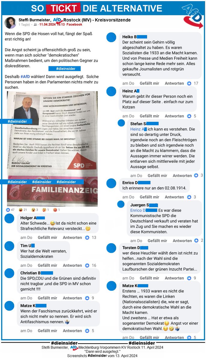 Rudolf Kalina, SPD Rostock warnt, das 'Rechtspopulisten unsere freiheitliche Gesellschaftsordnung mit Lügen und Hetze attackieren'.

Steffi Burmeister, AfD Rostock findet, wenn die #AfD an der Macht ist 'wird ausgefegt.'

@SVorpommern
#LautGegenRechts #NiemalsAfD
#DieInsider