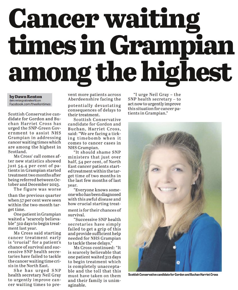 ⏰Cancer doesn’t wait. Yet, recent stats show only 54% of NHS Grampian cancer patients were seen within the 2 month target. These waits are shocking & only add to patients’ distress when diagnosed with cancer. The SNP Gov must act urgently to address these unacceptable delays.
