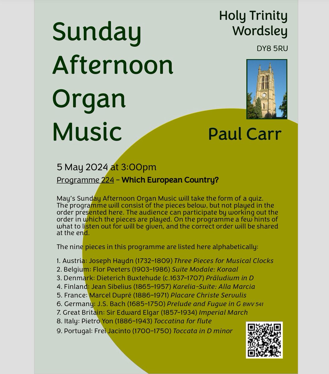 May’s #SundayAfternoonOrganMusic will take the form of a quiz. The audience can participate by working out the order in which the pieces are played. On the programme a few hints of what to listen out for will be given, and the correct order will be shared at the end. More👇🏻