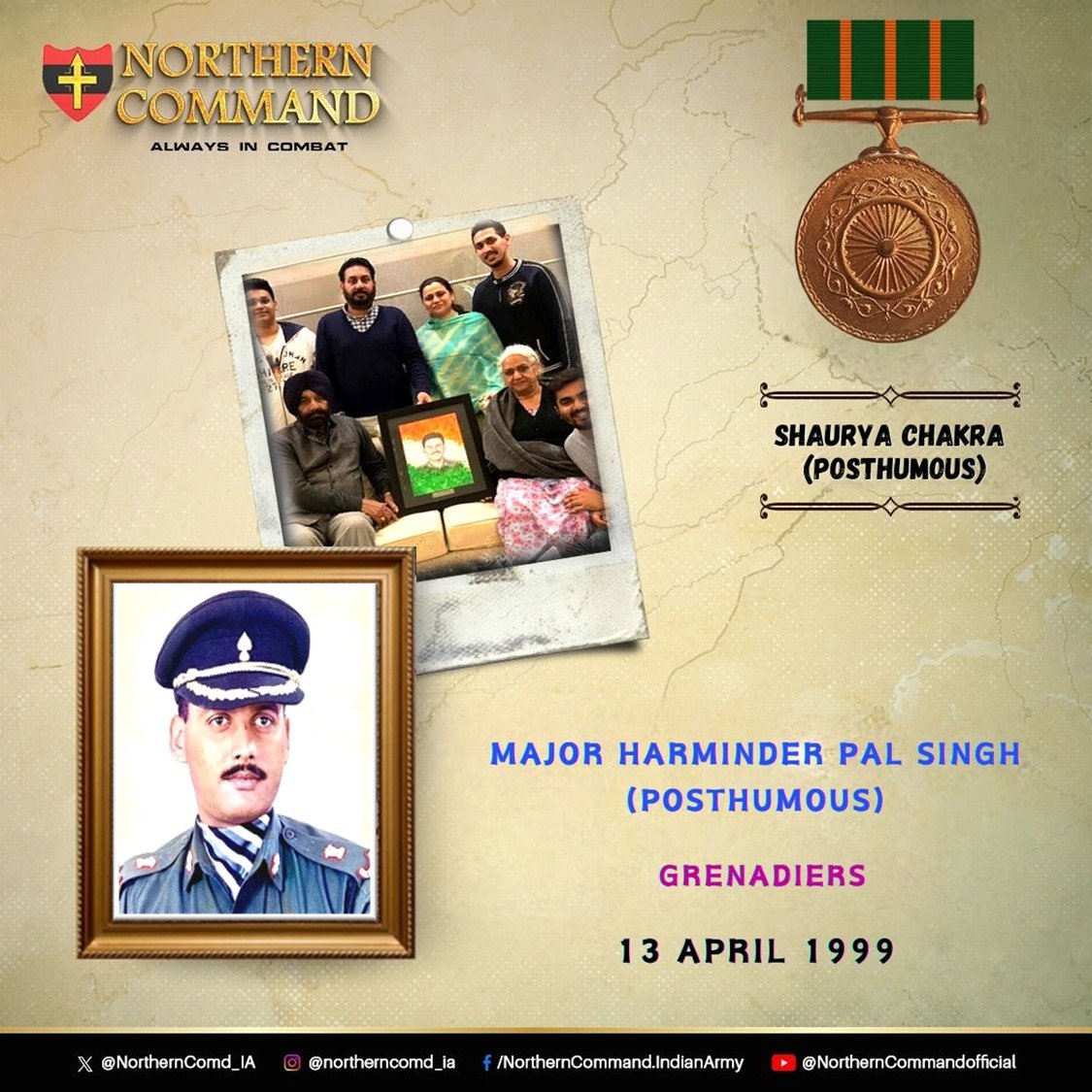 13 April 1999 #JammuAndKashmir Major Harminder Pal Singh, displayed indomitable courage and outstanding leadership in the face of enemy. Awarded #ShauryaChakra (Posthumously) #RememberAndNeverForget #LestWeForgetIndia Read more about the hero👇 gallantryawards.gov.in/awardee/339