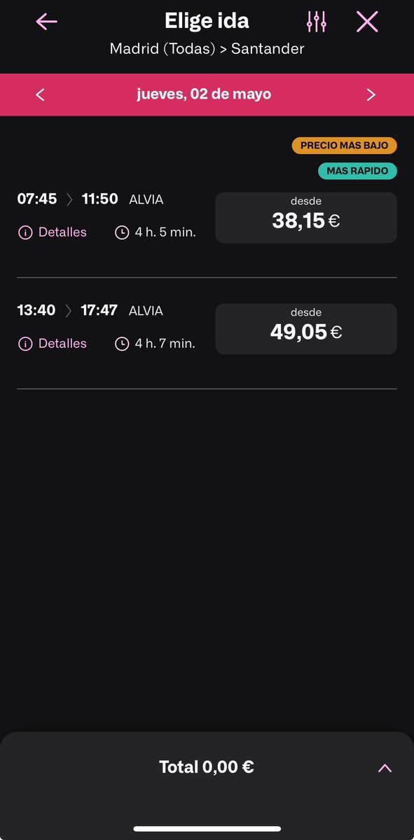 martymgs's tweet photo. @Inforenfe @Renfe Hola. Llevo dos días intentando comprar un billete Madrid-Santander. Para empezar la app móvil no muestra todos los trayectos (búsqueda sin filtros): https://t.co/vqKry97z6X