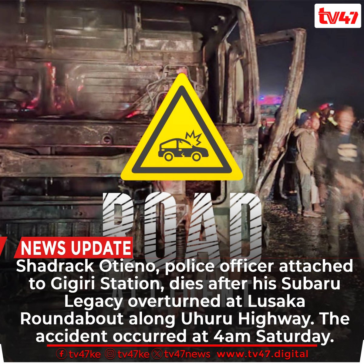 POLICE Officer attached to Gigiri Station dies after losing control at Lusaka Roundabout along Uhuru Highway. Due to the impact, he was thrown off his Subaru Legacy vehicle onto the tarmac where he succumbed to head injuries. The accident occurred at 4am Saturday. #tv47digital…