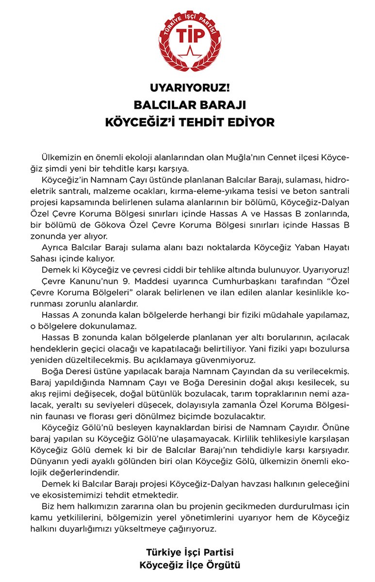 Balcılar Barajı'nın yaratacağı tehlikelere dikkat çekmek istiyoruz! Köyceğiz ve çevresinin ekosistemi tehlikede! @TipMugla