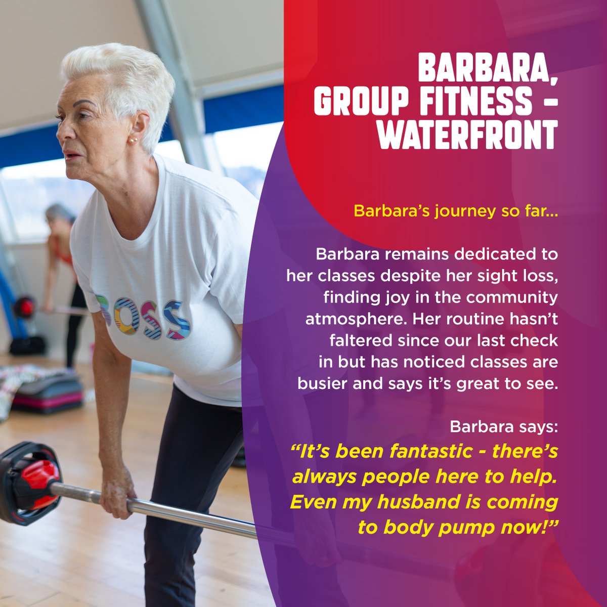 Barbara remains dedicated to her classes despite her sight loss, finding joy in the community atmosphere. See more of the incredible journeys our One:Life members have experienced 👇 ilgetactive.com