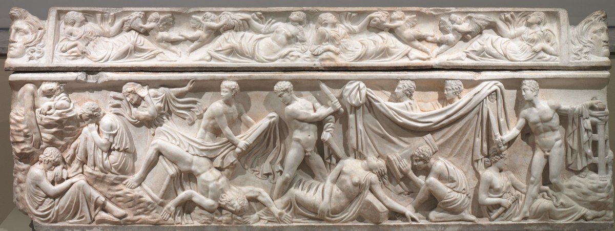 This #Roman Sarcophagus from the stunning @ClevelandArt collection tells the story of Orestes. He is shown in the centre standing over the body of his mother, Clytemnestra, who he killed to avenge the death of his father Agamemnon. The Sarcophagus dates to AD100-125.