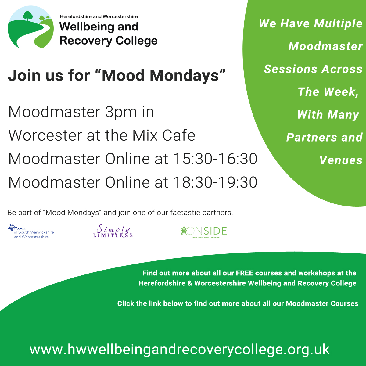 Make this Monday "Mood Monday". 
Book yourself onto a Moodmaster course and learn how to pro-actively tackle life's issues to boost your wellbeing and mood.
Join us and search "Moodmaster" on the courses and workshops page: hwwellbeingandrecoverycollege.org.uk/event-director…