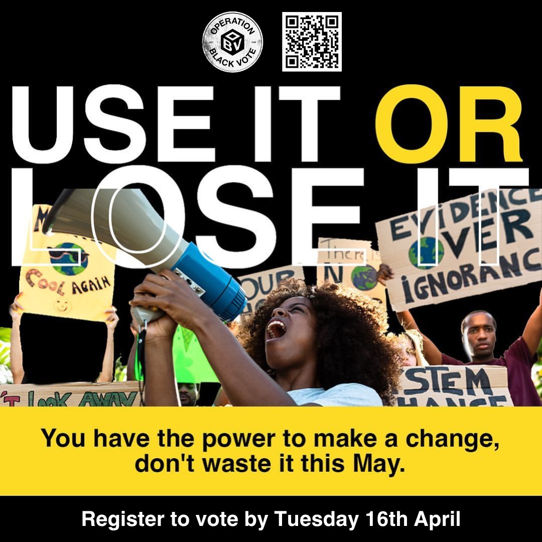 The power to shape the future is in your hands! 🙌 Don't waste your vote this May, make your voice heard 📢 Register by Tuesday 16th April to be eligible to vote on May 2nd! #blackvotesmatter #operationblackvote #elections24 #pccelections #mayoralelections #useitorloseit