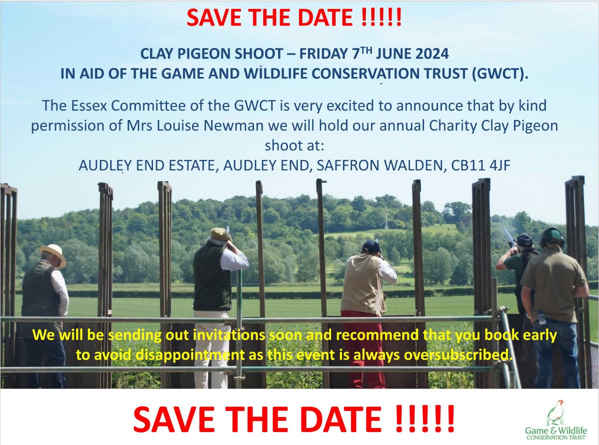 BASC East will have a pop up clinic at the Essex GWCT Annual clay shoot at Audley End Estate on Friday 7 June 2024. Details can be found on the flyer attached, if you are attending be sure to come and see us!