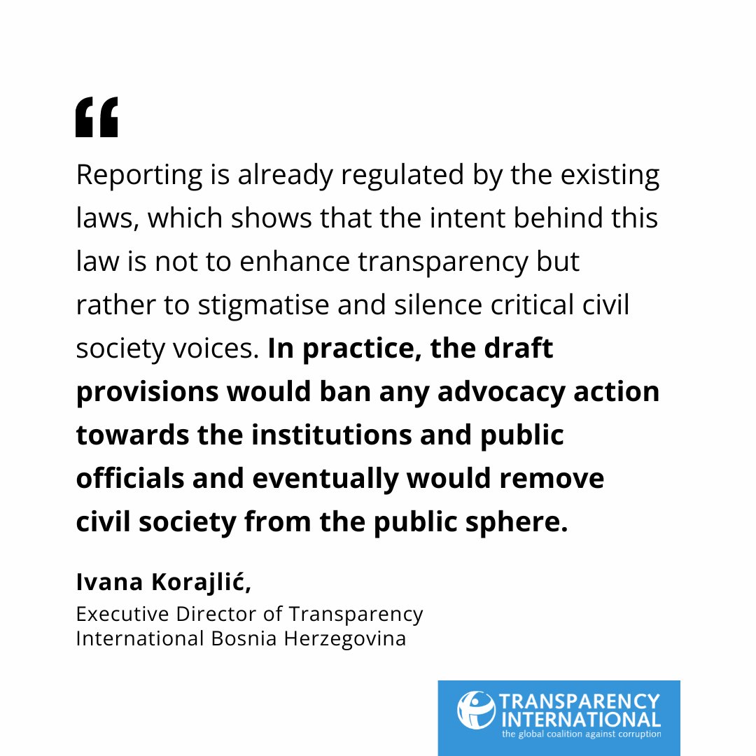 'In practice, the draft provisions would ban any advocacy action towards the institutions and public officials and eventually would remove civil society from the public sphere.' - Ivana Korajlić, Executive Director of @tibihorg. Our statement here: anticorru.pt/2XY