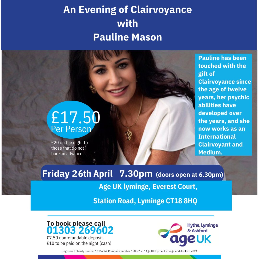 🔮 Join us for an enchanting evening of clairvoyance with the renowned Pauline Mason! Date: Friday, April 26th Time:7.30pm Location: Age UK Lyminge, Everest Court, CT18 8HQ See you there! ✨ #ClairvoyanceEvening #PaulineMason #SpiritualJourney #Enlightenment #MysticalExperience