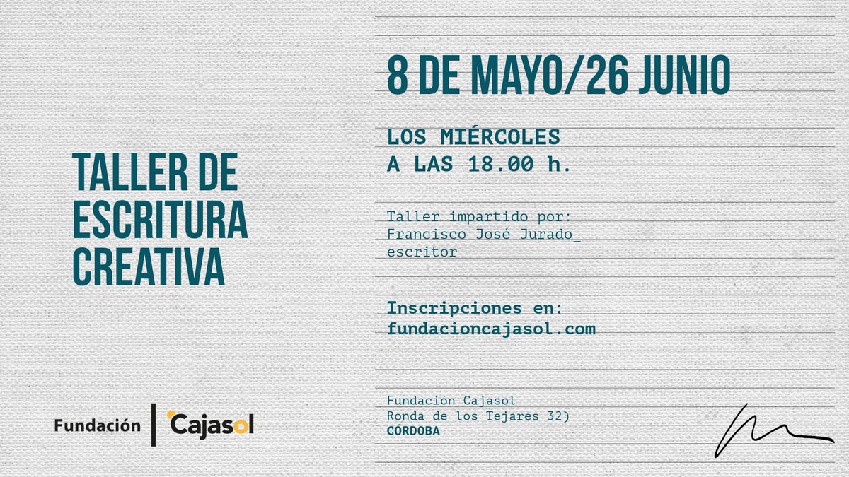 🖊️ Domina el arte de las metáforas y enriquece tus textos. Participa en nuestro taller de escritura con Francisco José Jurado en Córdoba. 📅 Miércoles del 8 de mayo al 26 de junio, de 18 a 19.30 horas. 🔖 Entrada libre, previa inscripción: buff.ly/3Uf5o4D