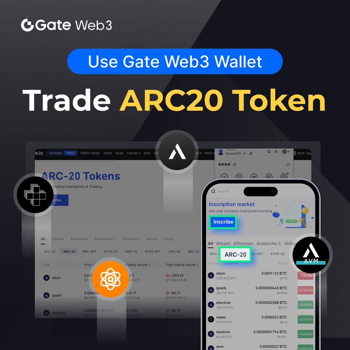 🔥Play with #ARC20 inscriptions with #GateWeb3 wallet🌐 📈 Last 3D, $avm has increased by over 90% ⚡️Quick inscribe & Smooth trade #ARC20 🔄 📱Gate APP: Web3 > Inscription > ARC20 💻PC: go.gate.io/w/uLKb22jP 😍More Inscription Protocols are coming soon! $atom $realm