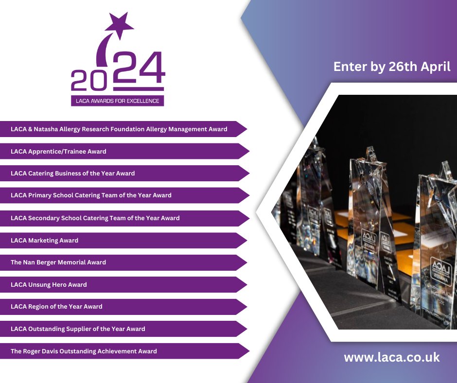Have you entered the LACA Awards for Excellence? The Awards recognise individuals and teams who continue to make a real difference in education catering. Have a look at the entry criteria here and enter now laca.co.uk/awards