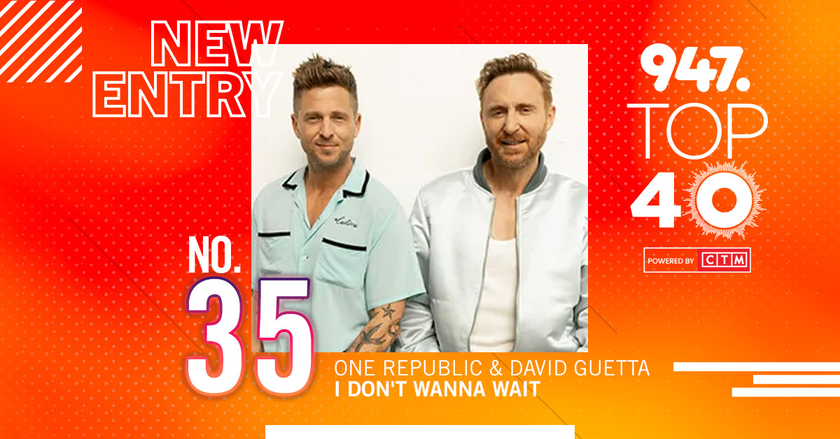 NEW ENTRY 3⃣5⃣ 'I Don't Wanna Wait' is poised to be another runaway success for @davidguetta & @OneRepublic. The new single is the highest new entry on the chart this week. #947Top40CTM Listen: 📲Primedia+ App primediaplus.com