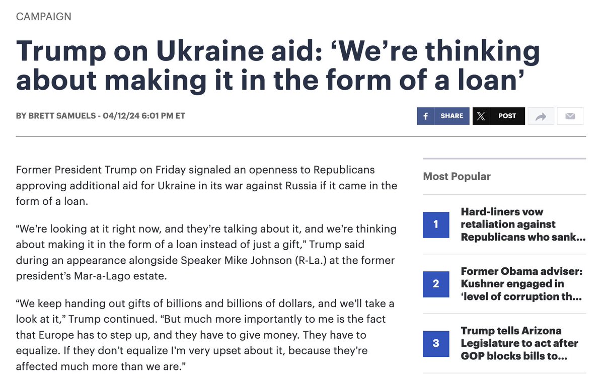 Aside from the typical populist spiel about 'handing out gifts of billions and billions', the key word here is 'thinking', but there's no time for that. Literally no one cares if it's a loan or not, Ukraine needs weapons right now. Trump is determined to sabotage Ukraine, his…