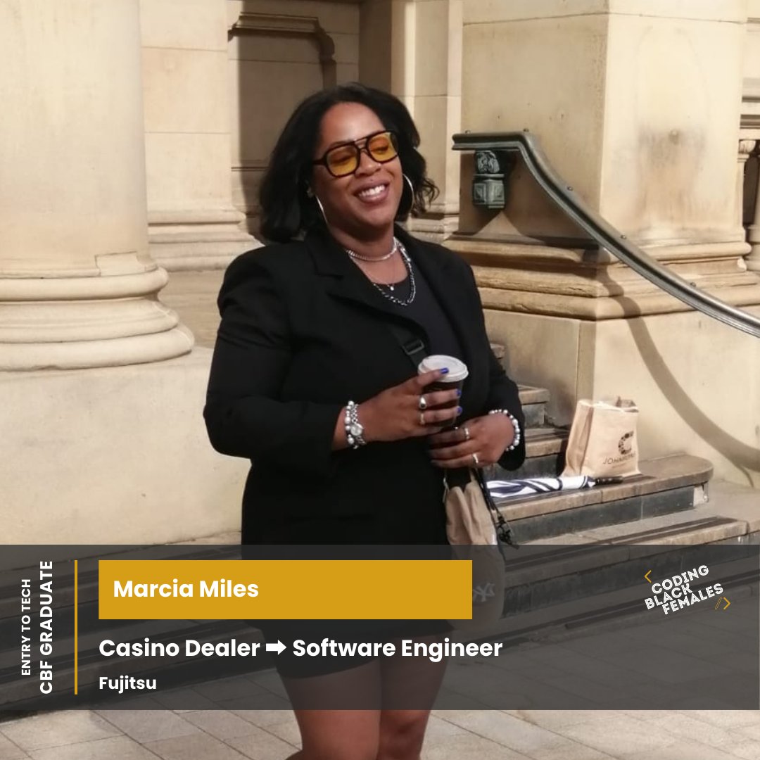 Meet Marcia! She's completed her bootcamp journey with CBF and is excelling in her tech career! Join us in congratulating her on this incredible achievement! If you would like to have similar success in your tech career, sign up here: codingblackfemales.com/academy/entryt…