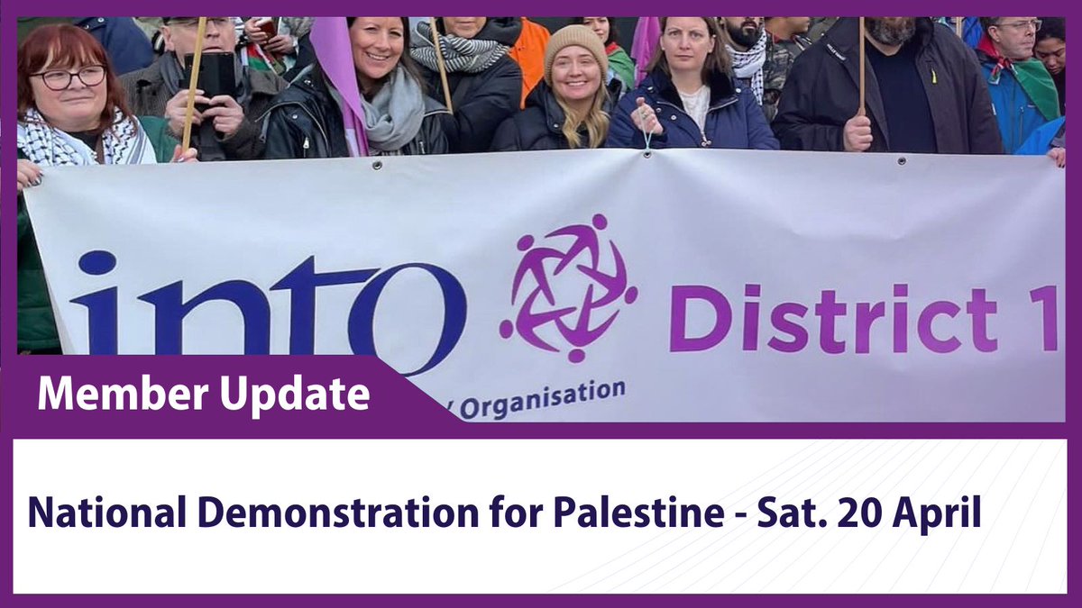 📣The @IPSC48 is holding a national demo for Palestine in Dublin on Sat, 20 April. The INTO continues to urge all members to show support for the Palestinian people's struggle for freedom and justice. 📍 Attendees should meet at the Garden of Remembrance at 1pm.