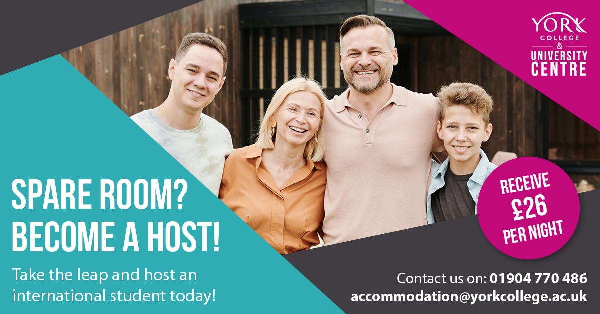 Do you have a spare room? 🏠 Then open your home to the world and join our community of local host families, by providing a home-away-from-home for our international exchange students. Enquire now for a September start! All the details are here ⬇️ yorkcollege.ac.uk/international/…