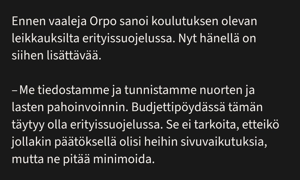 #PetteriOrpo: 'Kuritamme lapsia, jotta heillä olisi tulevaisuudentoivoa'. 

--> is.fi/politiikka/art…

#sinimustahallitus #OrponHallitus #kokoomus #perussuomalaiset #leikkaukset #lapset #nuoret