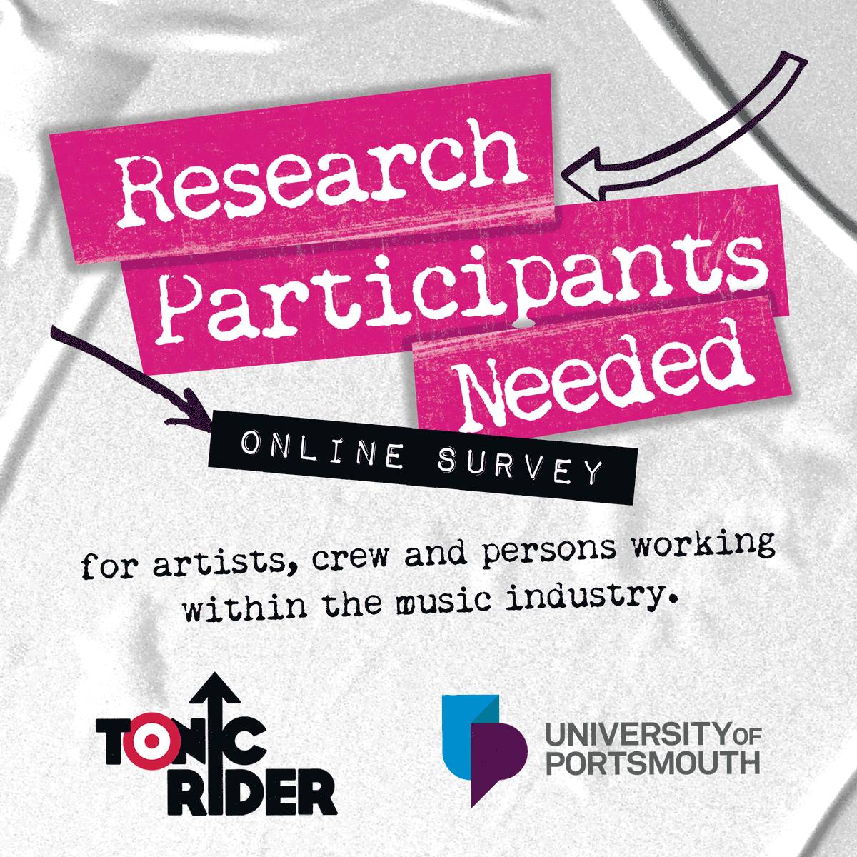 Calling all artists, crew and industry professionals!

Survey on mental health in the music industry - with @portsmouthuni

To take part >  tonicmusic.co.uk/research 

#TonicRider #Research #MentalHealth #Wellbeing #Music