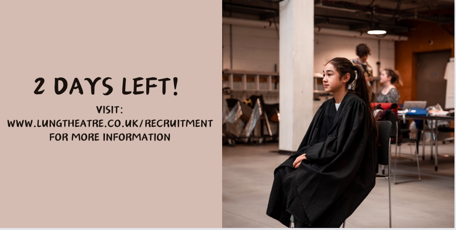 2 days left to apply to join LUNG for our next adventure. Sound No1s, Stage Managers, Costume Supervisors, Musical Directors we want to hear from you! 🚨🚨 More info: lungtheatre.co.uk/recruitment. Deadline 15th April.