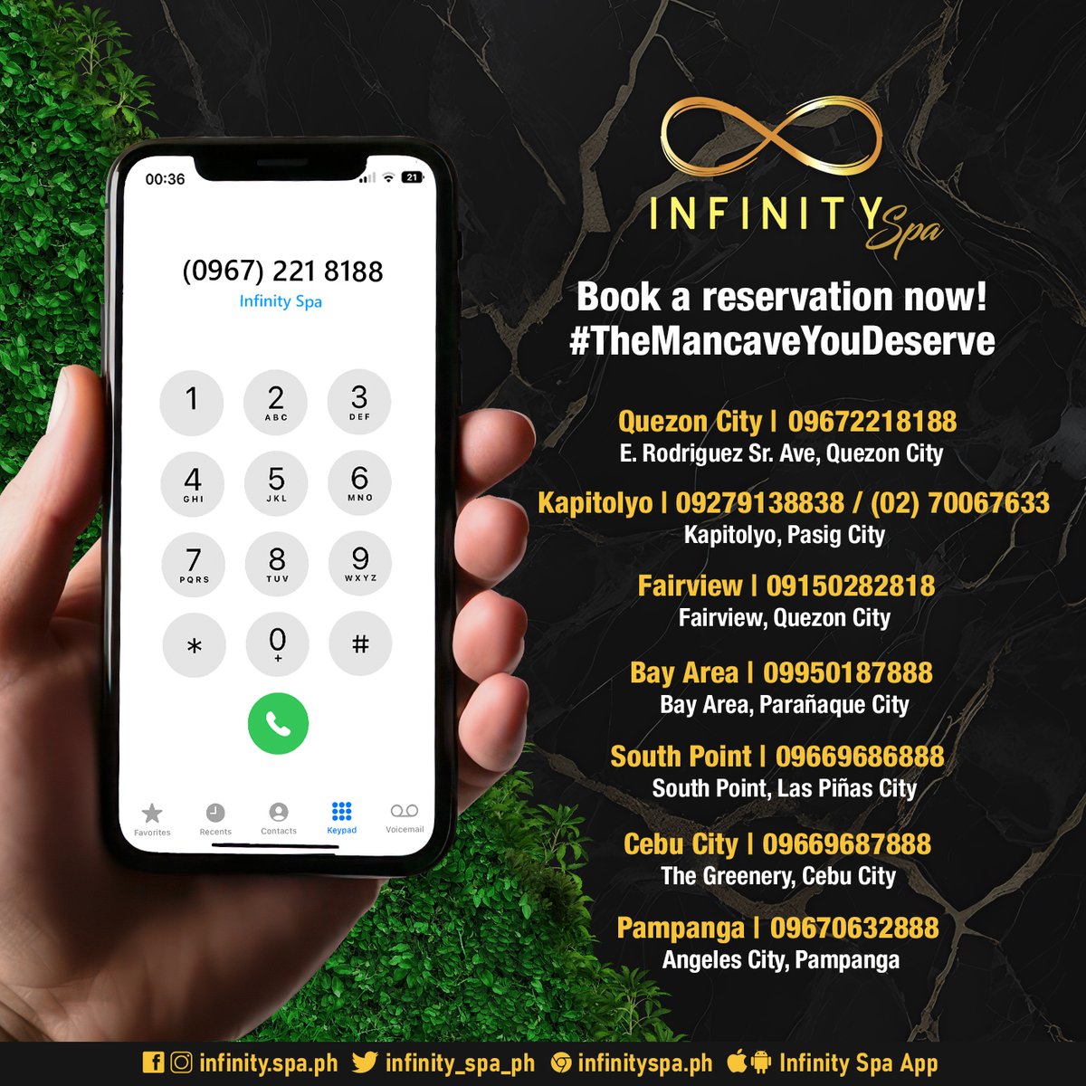 New contact details, same legendary relaxation! 🌈

#InfinitySpa, the Philippines' largest Mancave spa chain, now boasts 7 branches for your ultimate escape. Get those dialing fingers ready! 💛♾