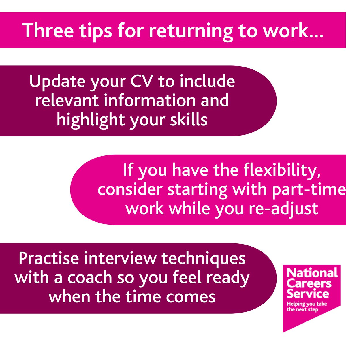 Returning to work after some time away is a big step that comes with lots of questions. Here are three tips for returning to work - but for direct advice that's tailored to your situation, you can chat to us: 📞 0800 100 900 💻 nationalcareers.service.gov.uk 📆 bit.ly/NCSBooking_EM