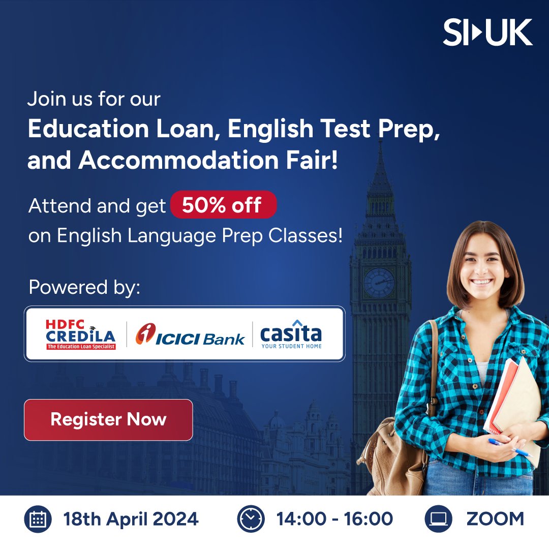 Attend our online Education loan, English test prep, and Accommodation Fair on 18th April from 2pm to 4pm on Zoom and get solutions to all your study abroad concerns in one place. Register at tinyurl.com/yj3384xa #siuk #siukindia #ltafair #ukstudentloan #ukeducationloan