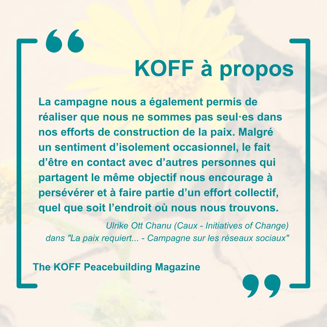 📖 En décembre 2023, notre membre @caux_iofc a lancé une campagne pour la paix sur les médias sociaux après une année pleine de défis. Dans le à propos de KOFF, Ulrike Ott Chanu décrit les résultats positifs et encourrageants de la campagne. EN/FR/DE 👇 koff.swisspeace.ch/apropos