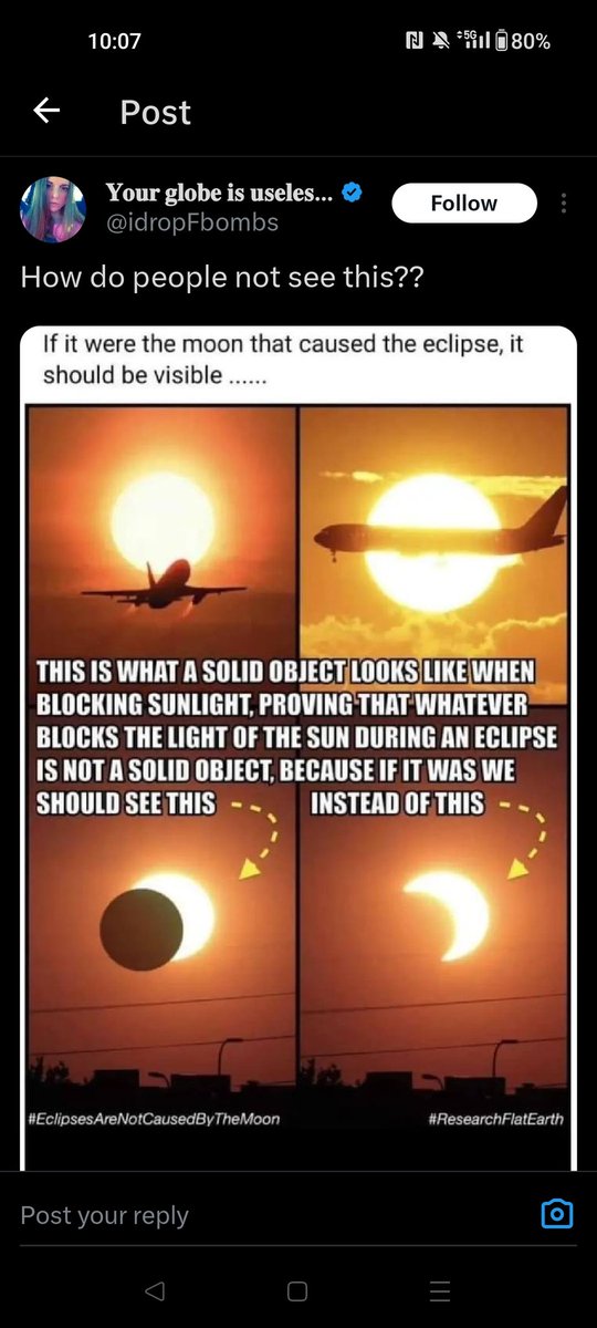 The plane is lit by atmospheric scattering. The moon is not.

Was that so hard?

#FacebookScience #FlatEarthFail #Eclipse2024