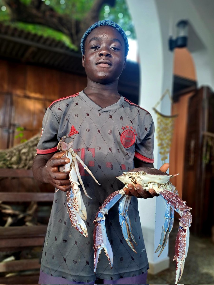 A thread 1/2 Saturday morning 7.30 am, with this young and proud fisherman from Busua, Marc. He came to us to sale crabs and prawns. What a privilege to have fresh seafood at our doorstep. Marc is 17 years old, i know very well is mother, Effuah.