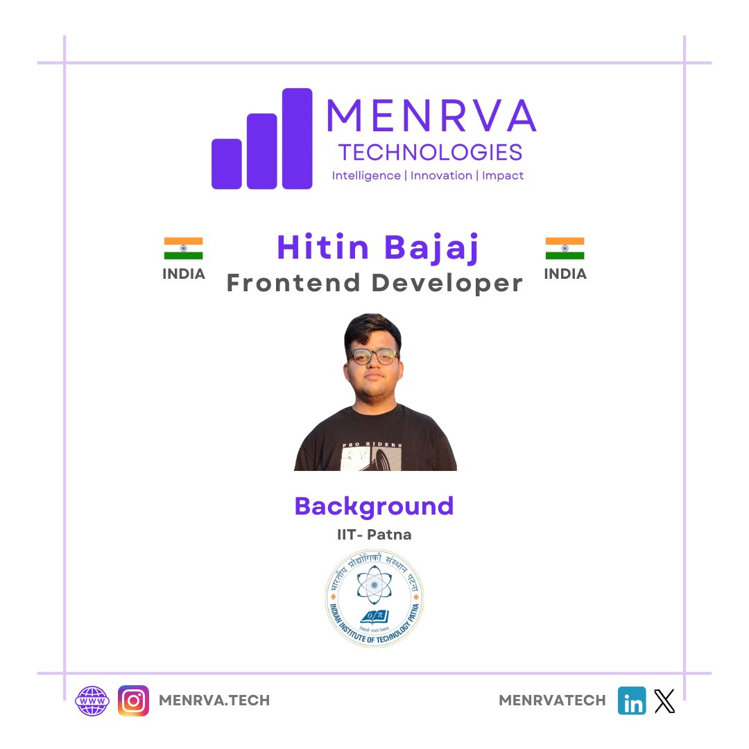 Meet Hitin Bajaj. Hitin is working at Menrva Technologies as a Frontend Developer and is a B. Tech student at IIT Patna.

#ArtificialIntelligence #DataScience #MachineLearning #Analytics #MenrvaTech #HumansOfMenrva