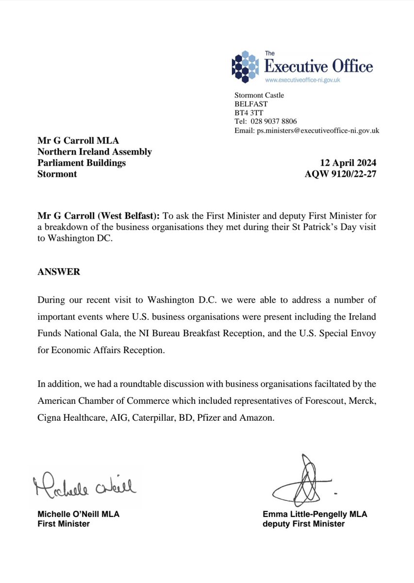 Yesterday, revealed Michelle O'Neill & Emma Little-Pengelly met Israeli-linked firms in US. Here's the letter to prove it 👇 Caterpillar, Forescout, Amazon, and Merck all there. A direct breach of BDS amidst the genocide in Gaza.