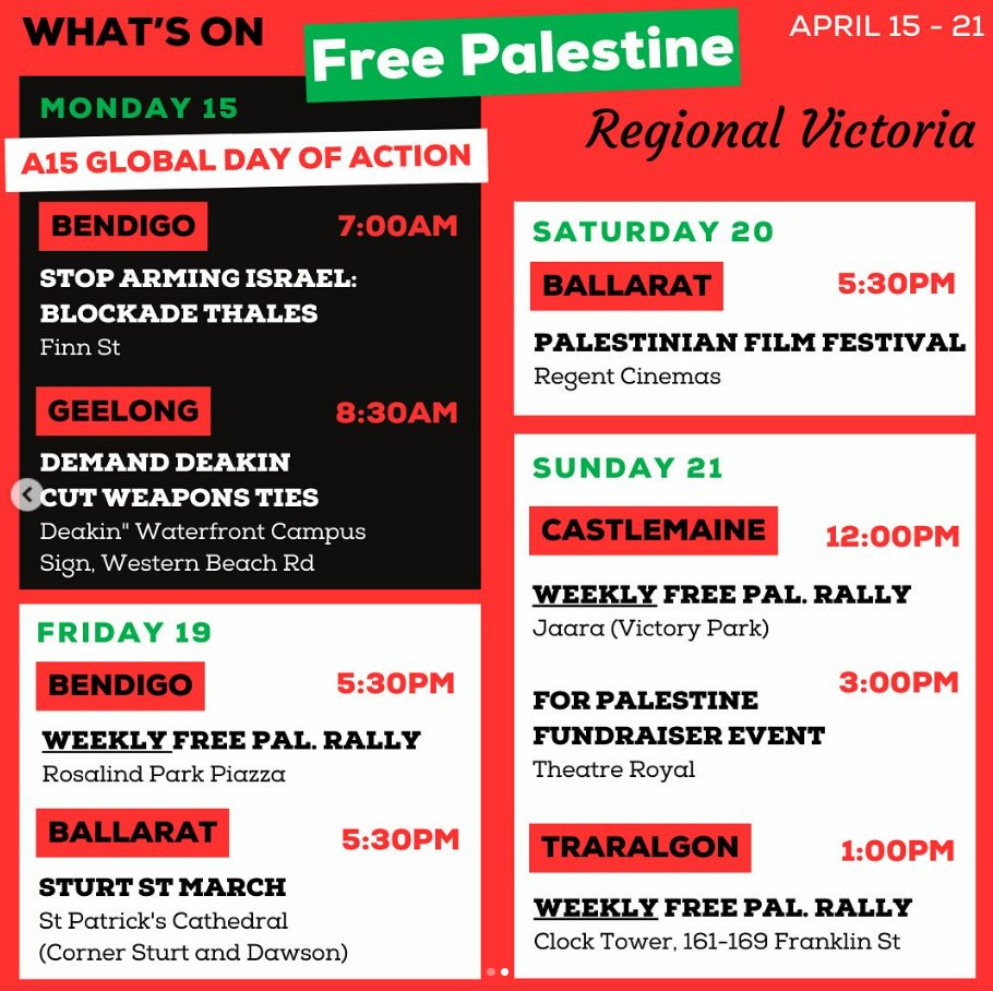 Thanks to @FoEAustralia for getting the upcoming calendar for next week out early due to the #a15actions happening on Monday and a very busy week of protests and actions in support of a Free Palestine in Naarm / Melbourne and regional Victoria!