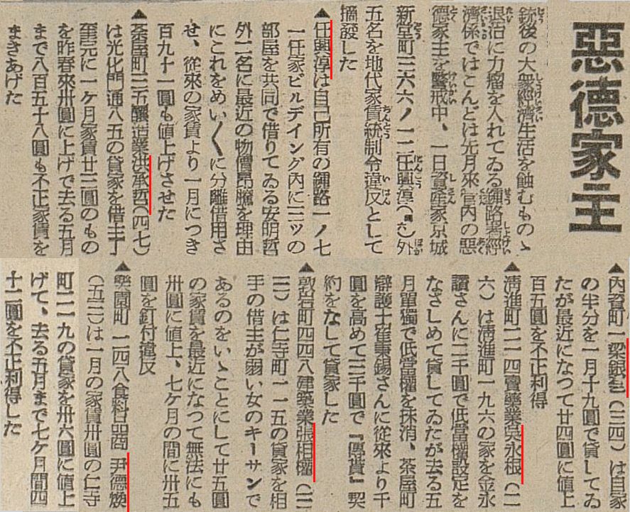日本統治下の朝鮮・京城府(現在のソウル)で賃借人を泣かす悪徳家主6名が摘発されたという記事。摘発された家主は全員朝鮮人でした。同じことを何度も言いますが、学校の歴史の授業で受けた日本による朝鮮植民地支配とやらの印象とは大きく異なっています。 ※昭和15年6月2日付け 京城日報