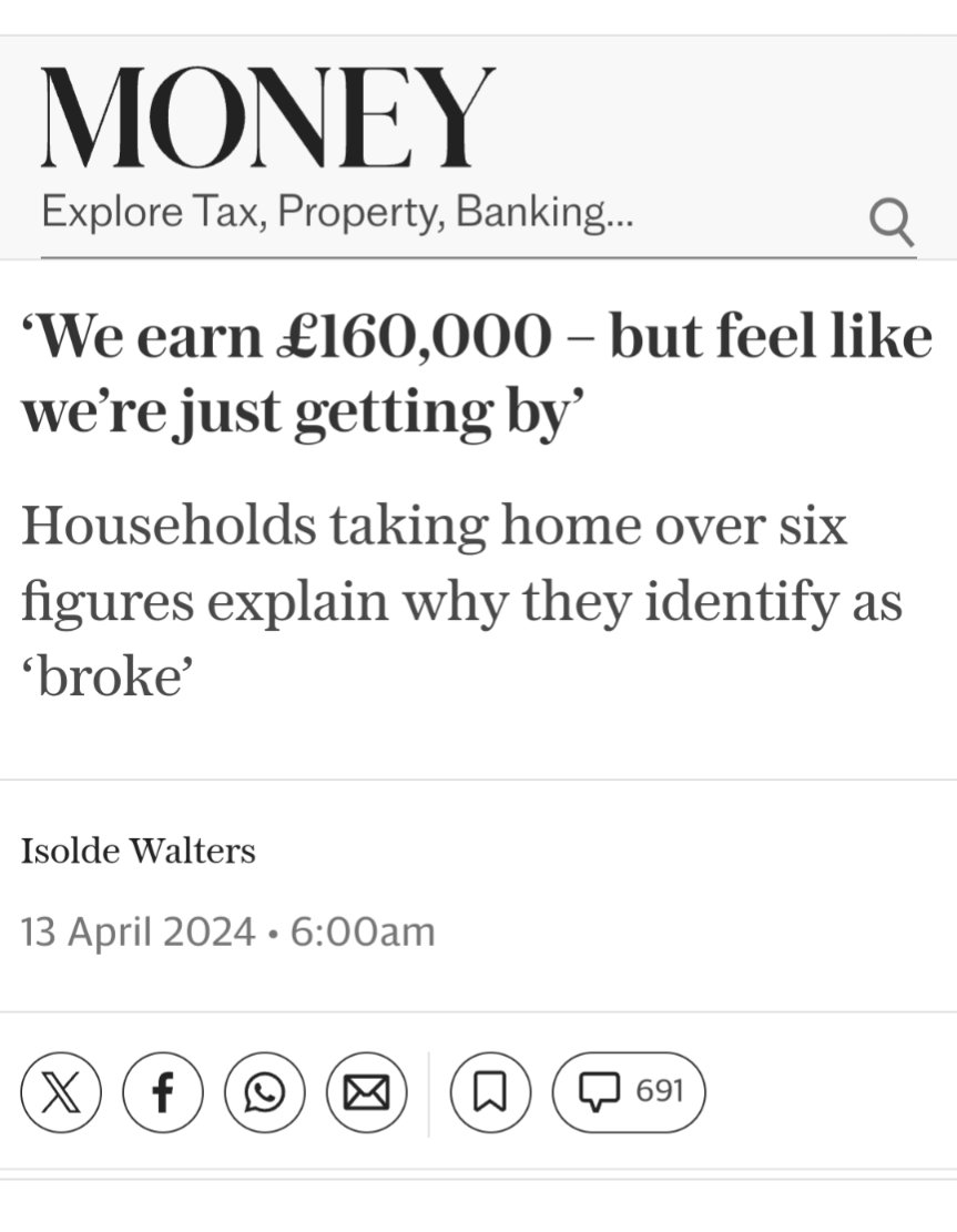 My heart is breaking for the poor people on 160k, who are  upset at having to make some choices in life.  Tiny violins must be selling out everywhere. 
As an aside, surely the Telegraph would be the  first to say we won't call you broke just because that's how you identify.