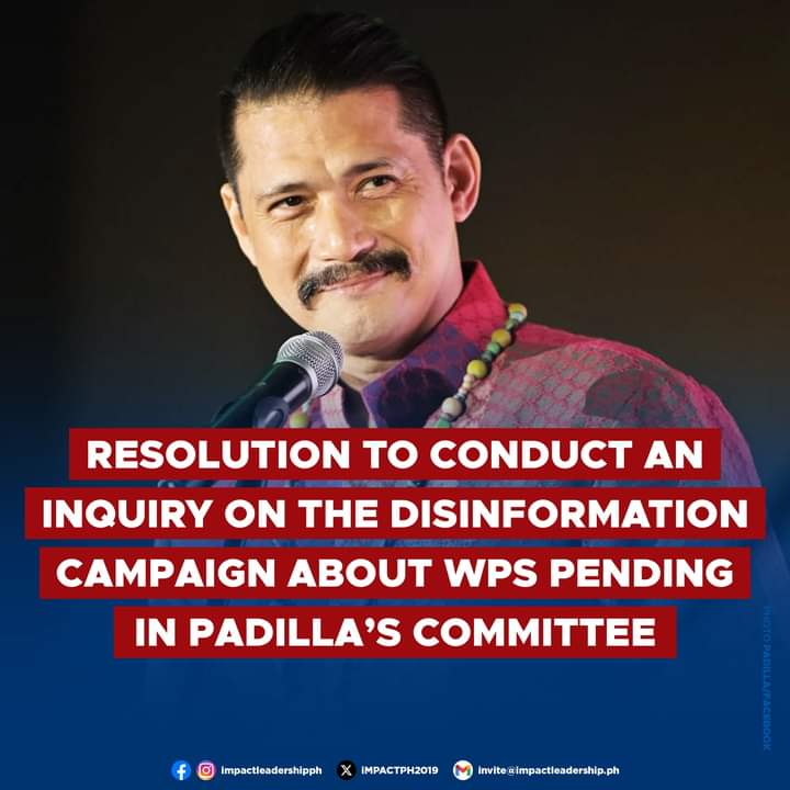iMPACTPH2019's tweet photo. PENDING IN THE COMMITTEE

The resolution filed by Sen. Jinggoy Estrada to conduct an inquiry on the disinformation campaign about the West Philippine Sea (WPS) is pending in the Senate Committee on Public Information and Mass Media chaired by Sen. Robinhood Padilla. https://t.co/mdYqXJTOuO