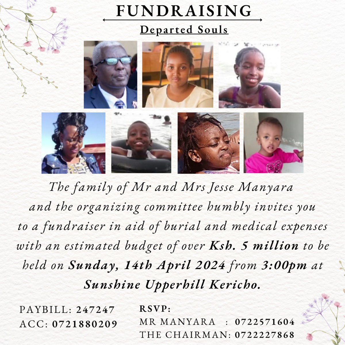 The family involved in a road accident at Salama where 7 lives were lost, 5 others in ICU are seeking for your help in raising funds to cater for the hospital and burial bills. They need over 5 million. The pay bill number is 247247 ACCOUNT NO. 0721880209
#HelpBury6Manyaras