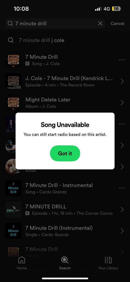 You can still search for J. Cole’s 7 Minute Drill diss track against Kendrick Lamar but Spotify says it’s not available.