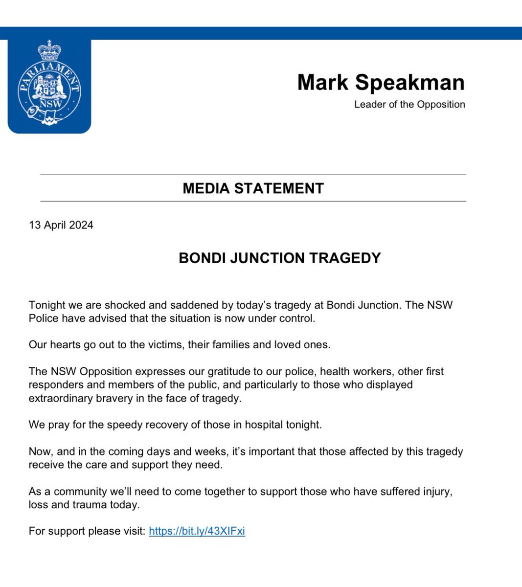 MarkSpeakman's tweet photo. Our hearts go out to the victims, their families and loved ones impacted by today’s tragedy at Bondi Junction. 
Thank you to our police, health workers, other first responders and members of the public, and particularly to those who displayed such extraordinary bravery. https://t.co/aygVukEVJ4