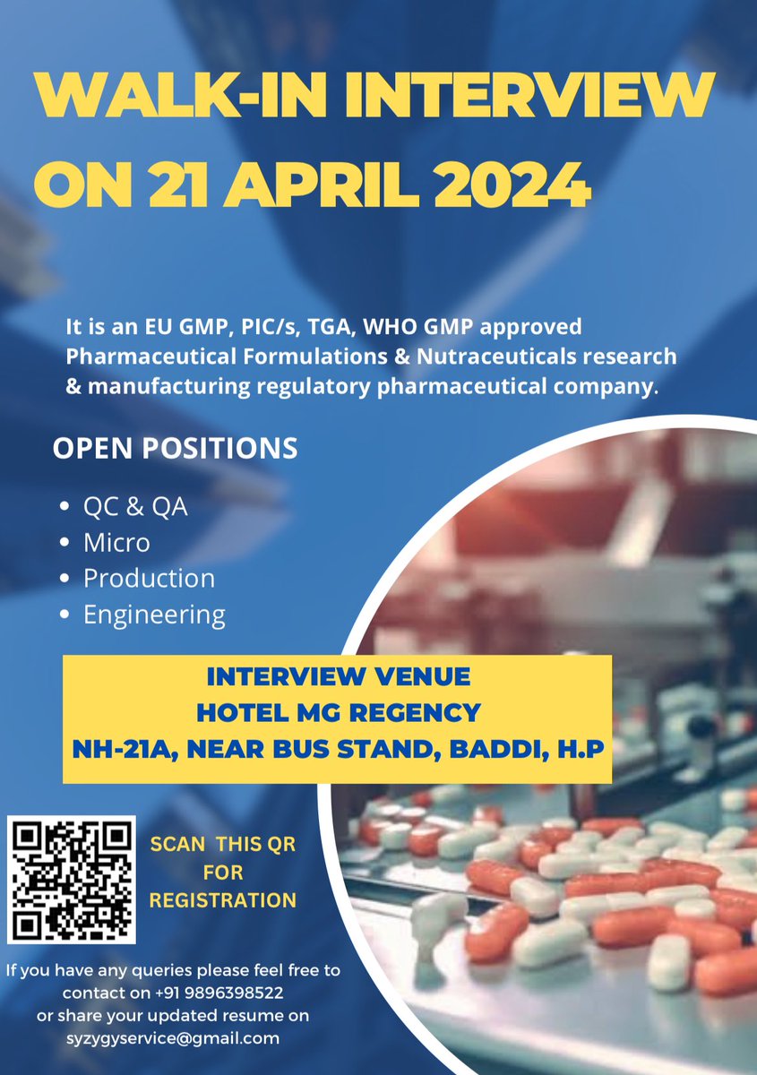 We are Hiring!!!

We are conducting a walk-in interview on 21st April for multiple positions for regulatory pharmaceutical industry 

#qajobs #qcjobs #pharmaceuticalsjobs #microjobs
#enggineeringjobs #productionjobs #hiringforpharma #walkininterview
#syzygyhrconsulting