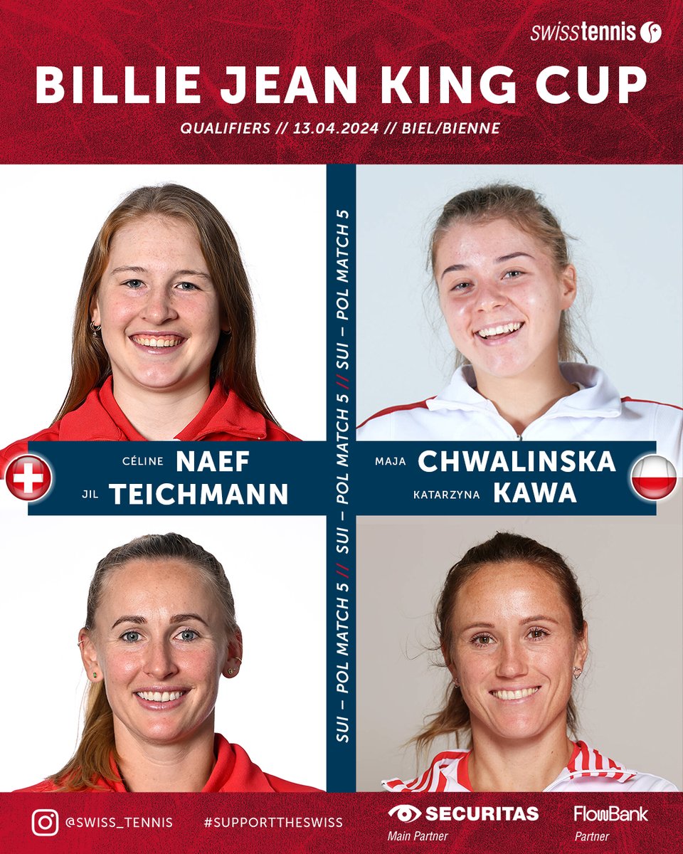 Schedule for the second day of the Billie Jean King Cup Qualifiers.🎾💯 The first duel today will be played by Céline Naef 🔥💪🏻 Will she beat the world number one, Iga Swiatek #SUIPOL #SupportTheSwiss #BuildingTheNextGeneration #Team #HoppSchwiiz #hopsuisse #Securitas #FlowBank