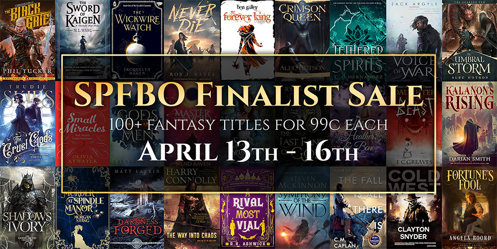 Two big sales starting today: the SPFBO finalists' sale, and the Narratess indie April sale. Both featuring a large number of fantasy or SFFH books for an absurdly bargain price. Links in reply. (Shadow of a Dead God is in both the sales.)