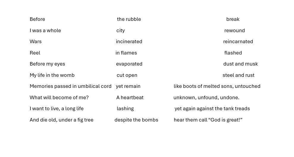 Gaza 190 Days. Poem read vertically and horizontally and whatever direction you read it. It is Gaza incinerated and reincarnated.